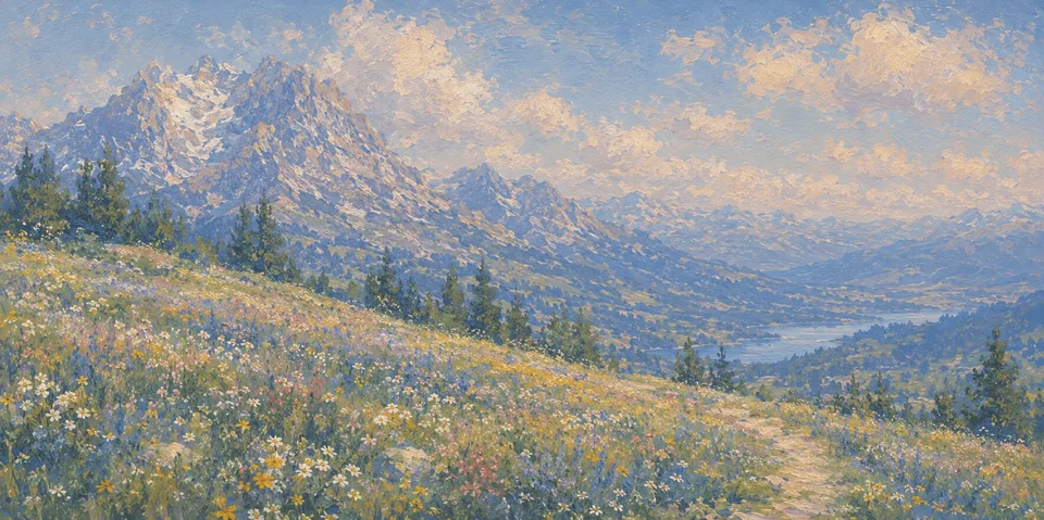 Gemälde einer Berglandschaft mit Blick über einen See